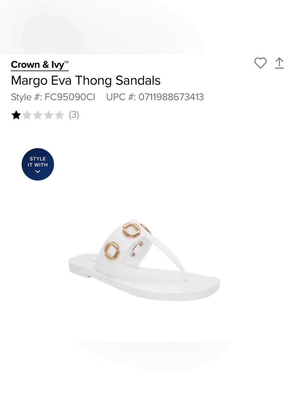 Crown & Ivy White T-Strap Sandals with Gold Accents Size 7 - New in Box! - Picture 3 of 4